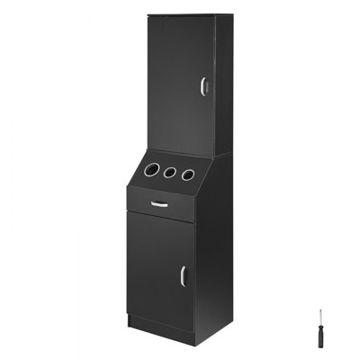 Salon Organizer, Station Unit for Hair Professionals, Equipped with 3 Holders for Hair Dryers, Storage Spaces, and a Single Drawer, in Black