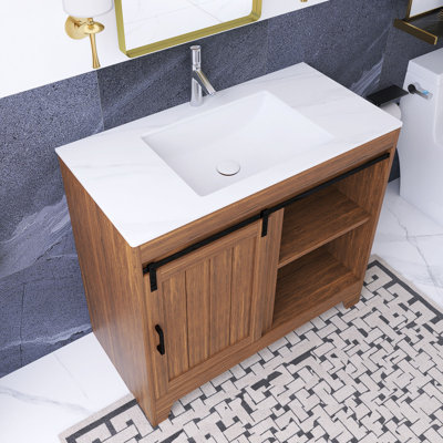 Meuble-lavabo autoportant en contreplaqué 36 po avec lavabo en céramique et tablettes 36 po