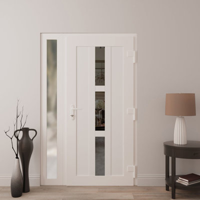 Porte d'entrée extérieure prémontée en PVC-U, finition métal-plastique, Manux 8112, blanc soie, avec imposte latérale. Convient aux bureaux, aux commerces et aux habitations. Parfait pour l'entrée, les patios et les garages. 48 x 80 po (L 36 + 12 x H 80 po). Ouverture à gauche vers l'intérieur.