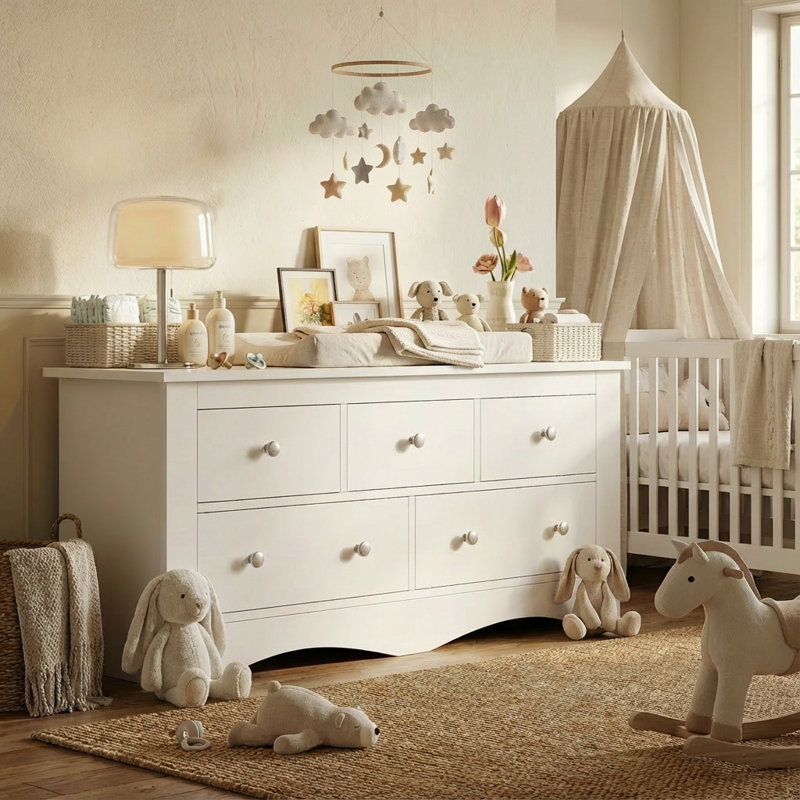 Commode double 5 tiroirs, commode en bois moderne pour chambre à coucher, Blanc