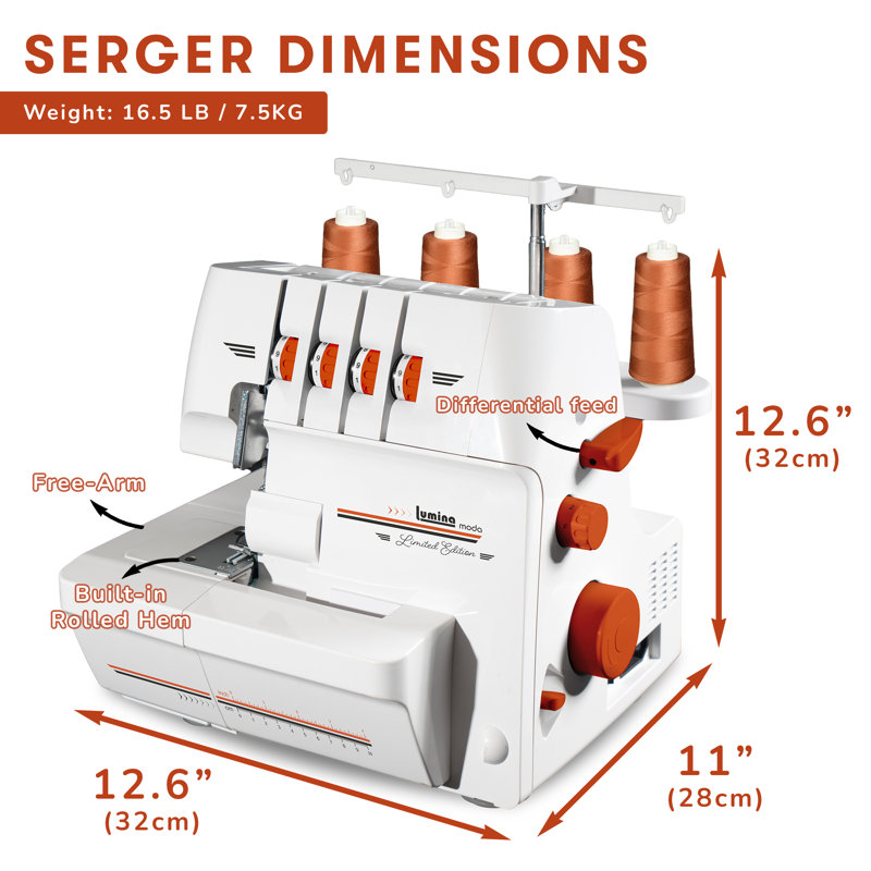 Lumina Moda White and Orange Heavy-Duty Serger Overlock Machine