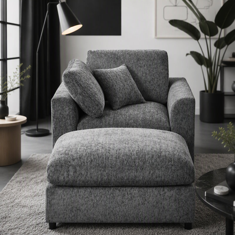 Fauteuil d'appoint en chenille avec repose-pieds, ensemble salon moderne avec structure en bois massif, fauteuil confortable pour salon, chambre et appartement