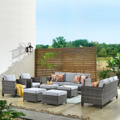 Allcot 8 - Person Wicker/Rattan Patio Furniture Set, Outdoor Sofa Set with Couch, Chairs, Ottomans, Throw Pillows and Comfy Cushions