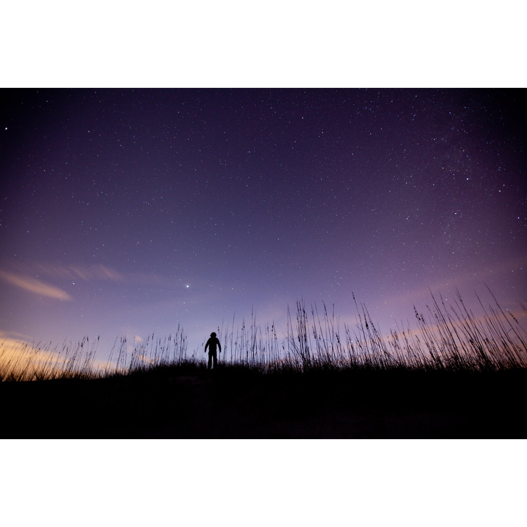 Silhouette eines Jungen, der den lila Himmel bewundert von Epicurean - Leinwandbild