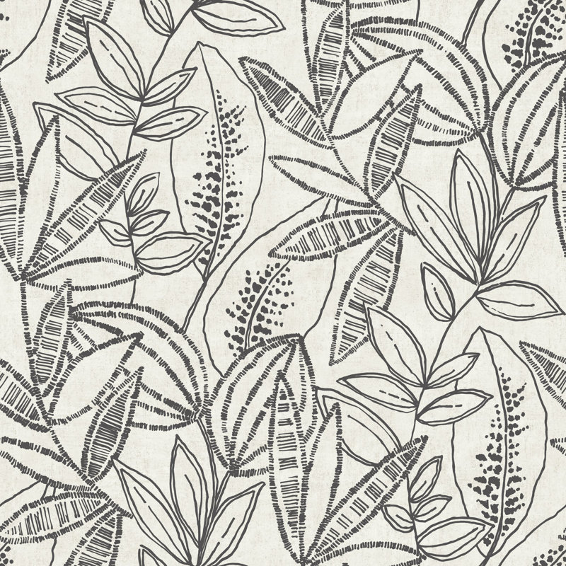 Karuna Collection Stenciled Leaves Wallpaper Roll, Black