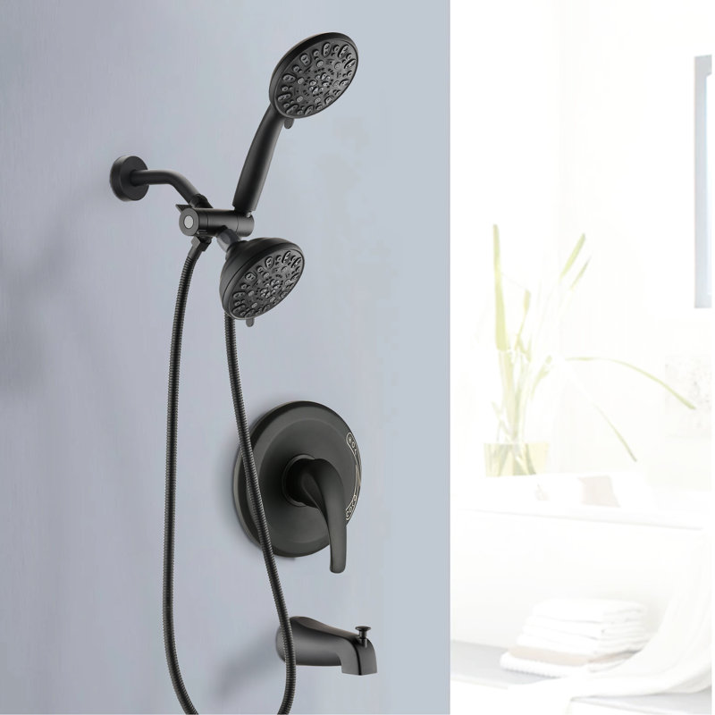 High Shower System With Matte Black Tub Spout. 2 In 1 Dual Faucet. 7 Spray Modes To Refresh. All Metal. 1.8 Gpm Flow. 59" Hose Length. 1/2" Connection. Wall Mounted Spout - Black, Faucet Valve. Head