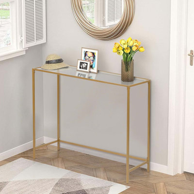 Console de canapé de 39,4 po, table de vestibule moderne, table en verre trempé, structure en métal, pour salon, couloir