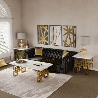 2 Piece White And Gold Living Room Table Set by Everly Quinn