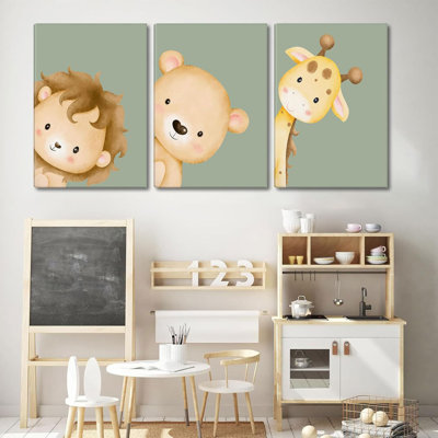 Animal, art mural, animal, safari, jungle neutre, peintures, décorations murales, encadré, boho, girafe, lion et ours en peluche, impression d'œuvres d'art pour chambre d'enfants, garçons et filles, décoration de la maison