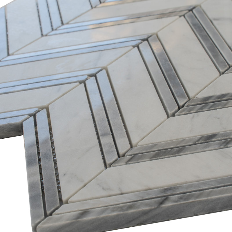 11" X 11.8" Herringbone Marble Polished Tile, Gray/White