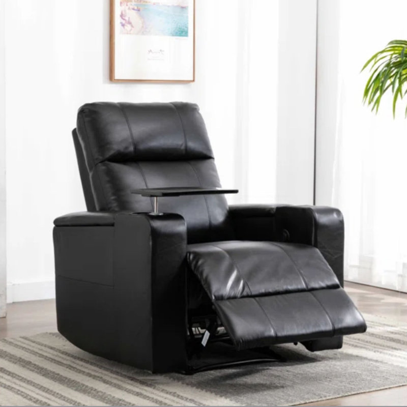 33.1'' Wide Breathable Leather Power Recliner with Arm Table and Cup Holder, Black Performance Faux Leather