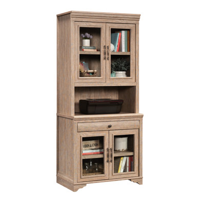 Finition brune pour le bureau, bois d'ingénierie, tablette réglable derrière le verre encadré, gestion des câbles, profondeur de 31,95 po, largeur de 17,48 po, hauteur de 41,73 po, poids de 78,48 lb, style, portes en verre,