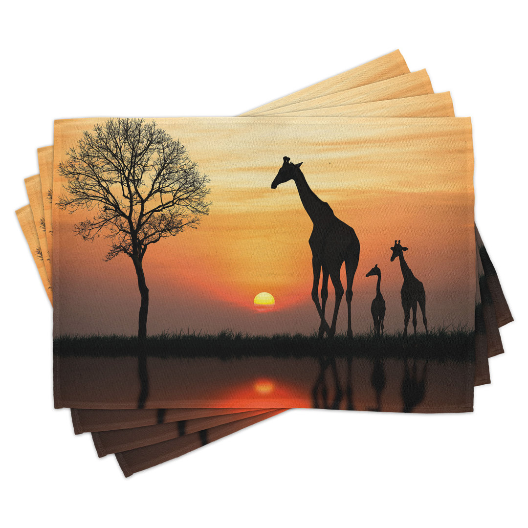 Platzdeckchen 4er Set, Giraffe im wilden Wald, Orange Schwarz