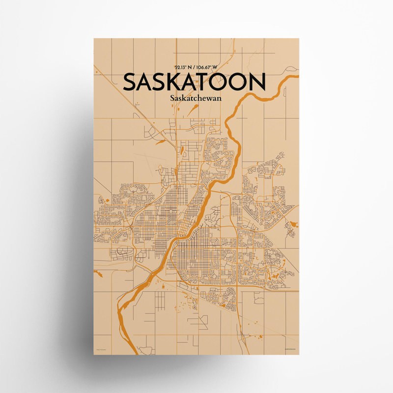 Saskatoon City Map, impression rétro, H 17 po x l 11 po