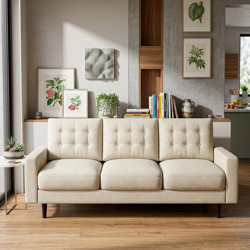 Canapé rembourré en polyester 3 places Mid-Century, Polyester beige, Noir