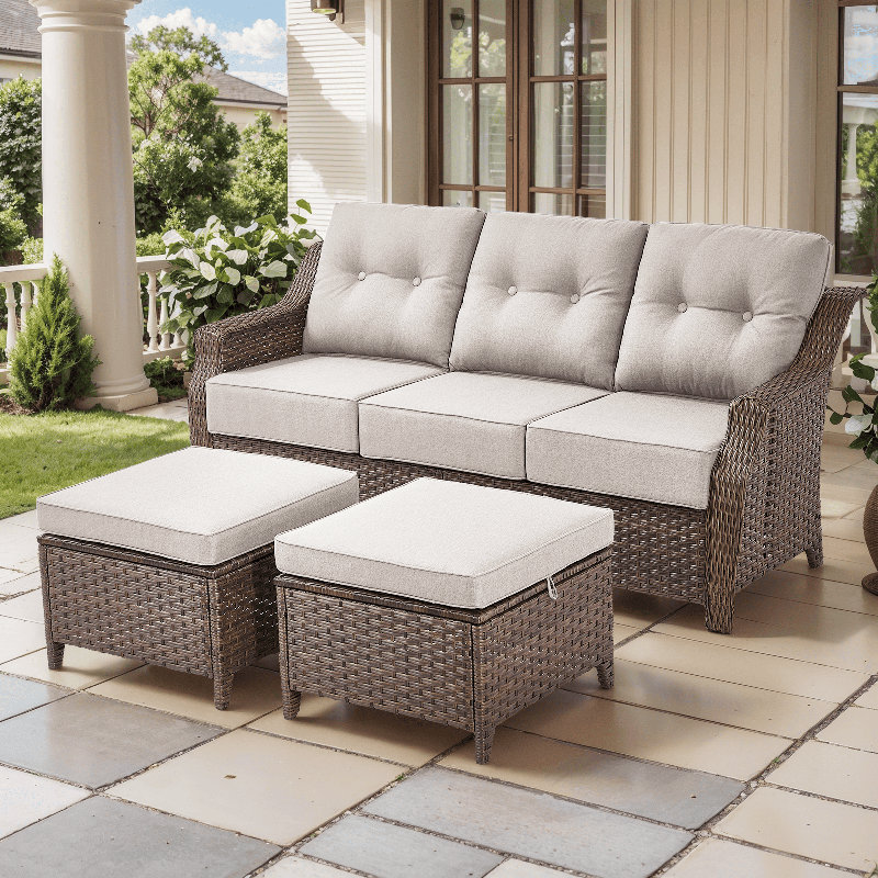 Elona 74'' Powder Coated Steel Outdoor Patio Sectional With Sofa And Ottomans And Cushions, Beige