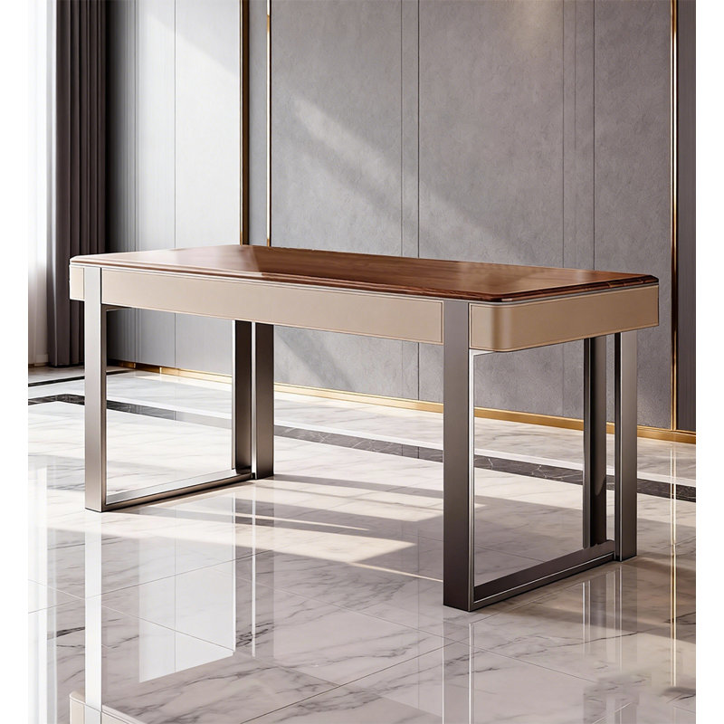 Bureau en bois massif avec pieds en acier inoxydable et revêtement en cuir de selle, H 29,5 po x l 39,4 po x P 23,6 po, Gris