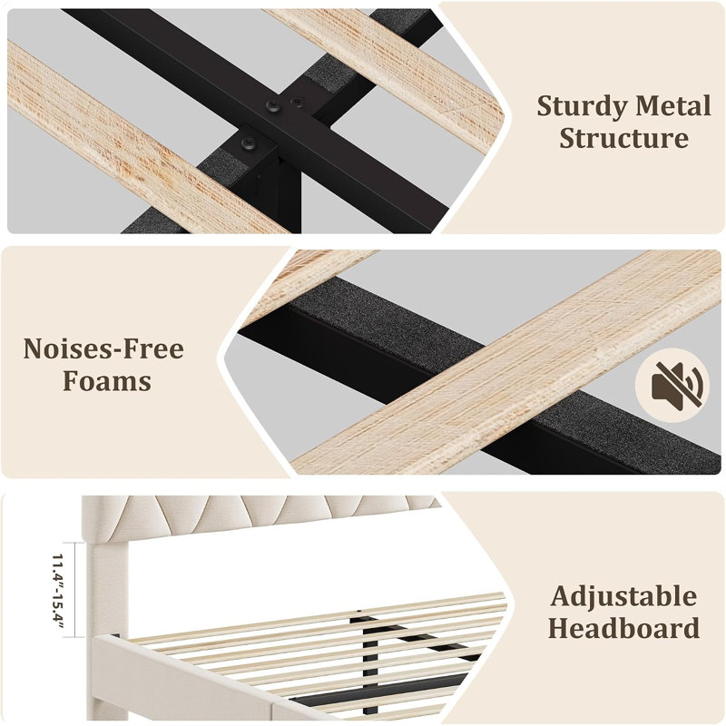 Base de lit plateforme avec tête de lit tapissier réglable, base de lit moderne avec support en lattes de bois et pieds triangulaires, assemblage facile