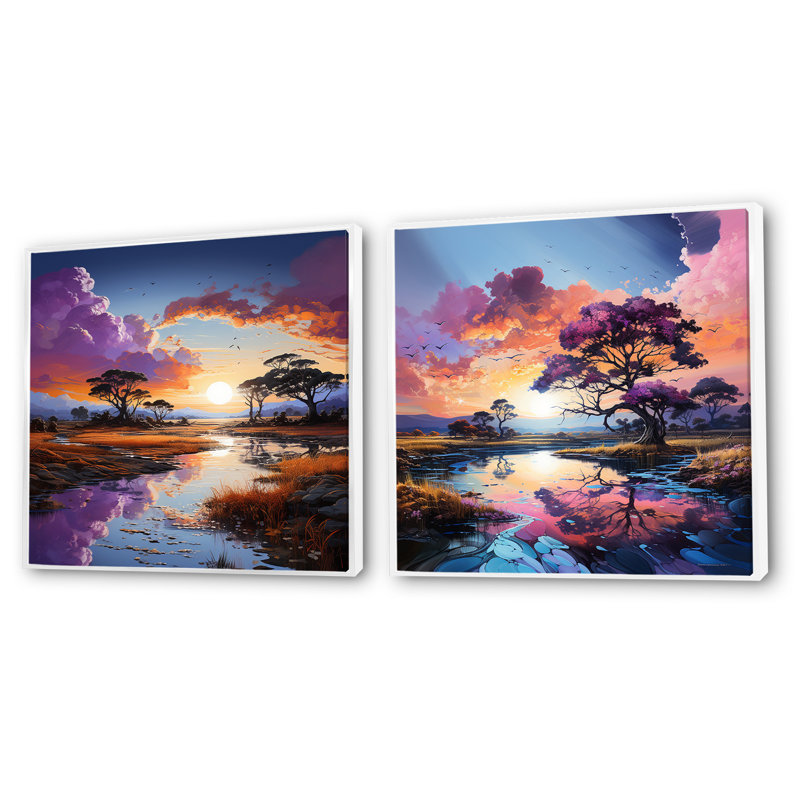 Ensemble de 2 charmants desserts au coucher du soleil, Cadre flottant blanc, H 36 po x l 73 po