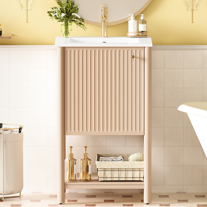 Meuble-lavabo de 20 pouces de style français, autoportant avec lavabo en céramique, porte à fermeture douce, compact pour les petits espaces, poignées rétro, sculptures à rayures délicates, lavabo lisse, robinet de 1,37 po