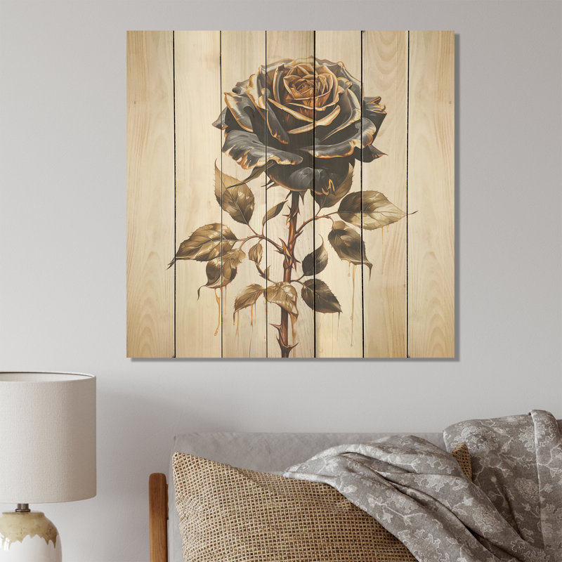 «Vintage Rose Rosegold Elegance I» - rose sur bois, H 36 po x l 36 po