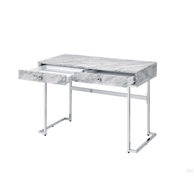 Bureau d'écriture blanc avec plateau en faux marbre et finition chromée