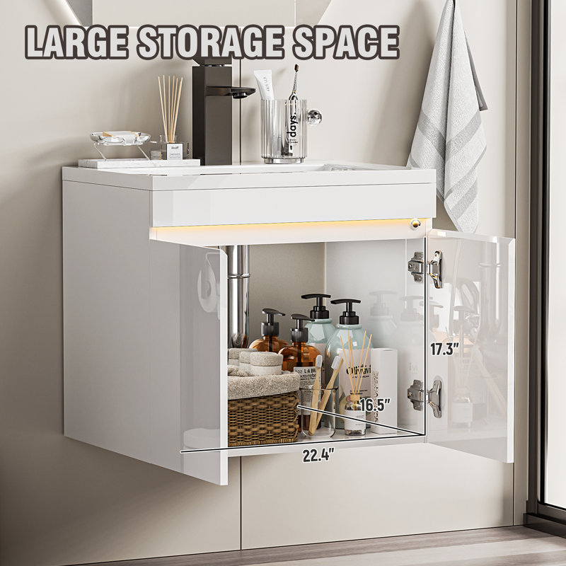 Bathroom Vanity W/sink Combo, High Gloss Bathroom Cabinet, Smart Wall Mounted Sink Cabinet Auto Motion Sensor Led Light, Modern Floating Vanity With Faucet