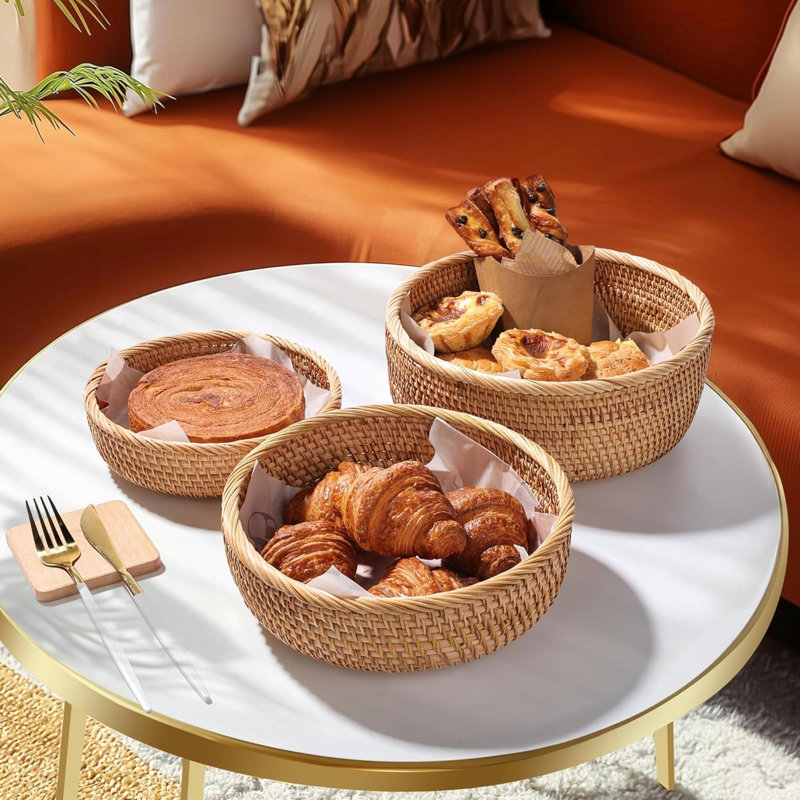Ensemble de 3 paniers de rangement en rotin tissés à la main pour ranger des comptoirs de cuisine, des fruits, des collations et du pain, Boho Farmhouse Decor