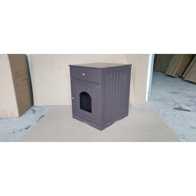 Enceinte de litière brune pour chat avec table d'appoint en bois, tiroir, cage intérieure pour animal de compagnie, table de chevet pour la maison