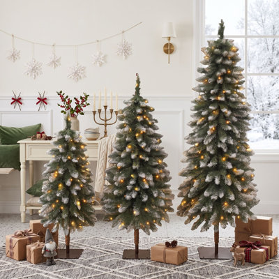 Ensemble de 3 arbres de Noël artificiels pré-éclairés avec des extrémités enneigées de 3 pi, 4 pi et 5 pi et des bases plates en métal