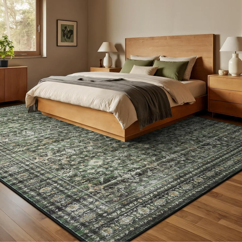 8'X10' Washable Floral Area Rug with Non-Slip Backing Green, Rectangle 8' x 10', Green