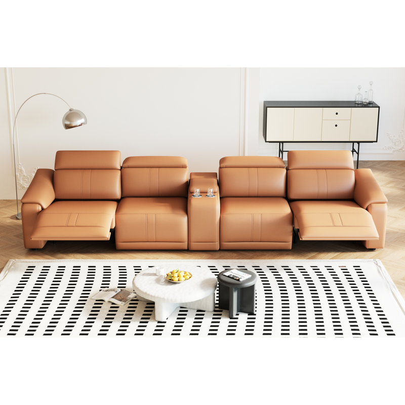 Canapé modulaire en cuir orange 5 pièces avec espace de rangement et sièges inclinables électriques, confortable pour un espace de vie principal, style moderne, rembourrage en coton technique