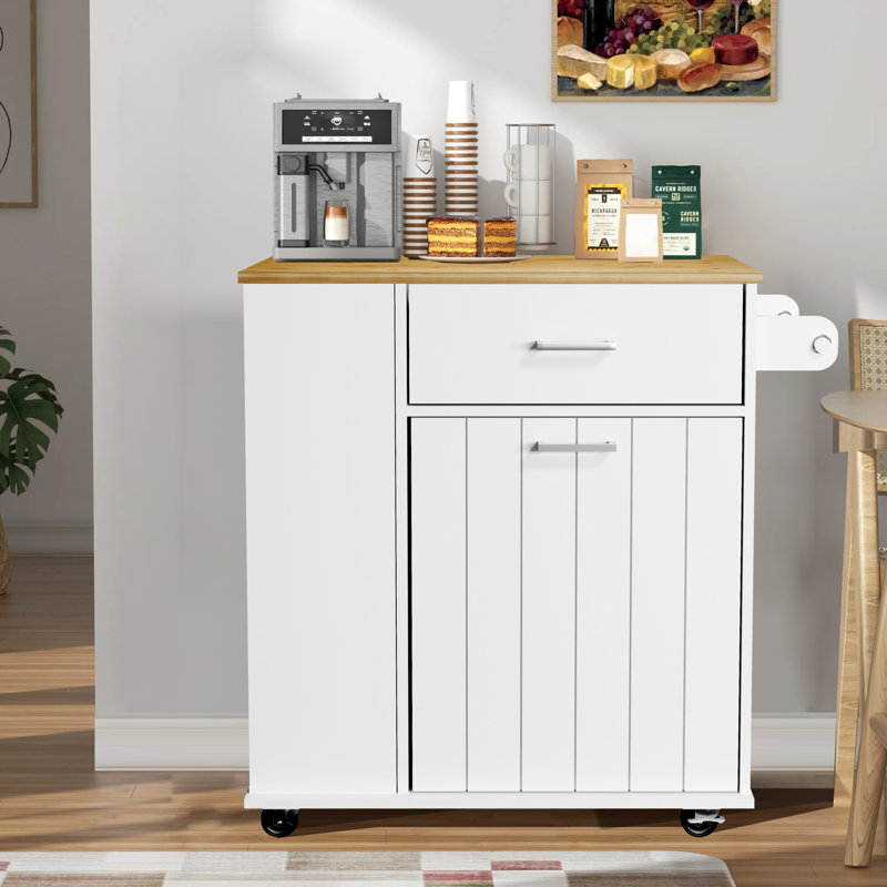 Rolling Kitchen Island with Pull-Out Trash Bin Cabinet,Kitchen Storage Cart On Wheels with 3 Tier Spice Rack,1 Drawer Bamboo Countertop,for Small Space