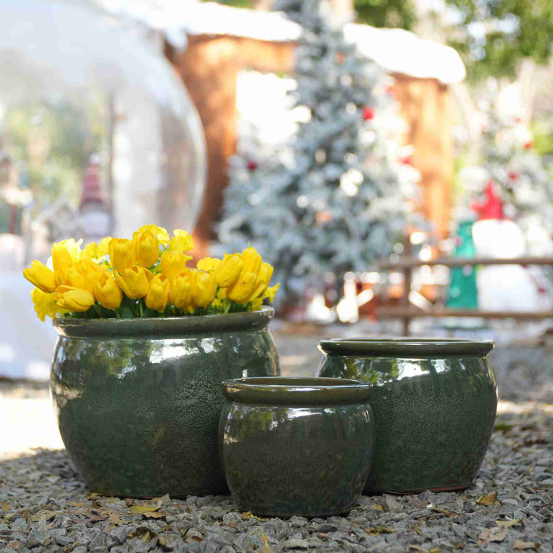3 pots de fleurs en céramique, pot de fleurs moderne pour patio, jardin ou rebords de fenêtre, Bleu vert antique