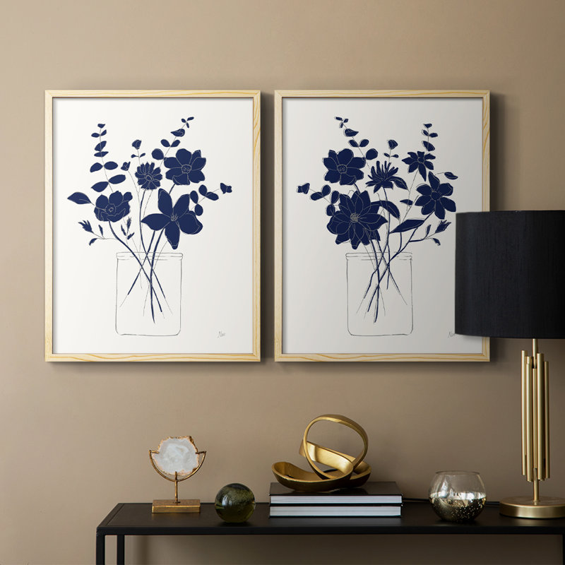 Indigo croquis I - impression encadrée de qualité supérieure - prête à être accrochée - aucun clou requis - aucun clou requis