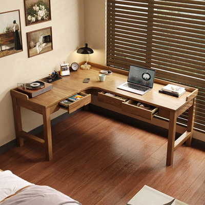 Bureau d'écriture en bois massif en L de couleur châtaignier clair