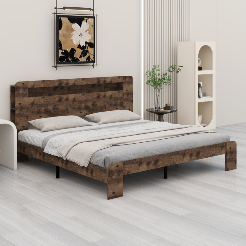 Base de lit plateforme Smart Wood avec tête de lit à DEL, deux ports USB et rangement spacieux sous le lit, Très grand lit