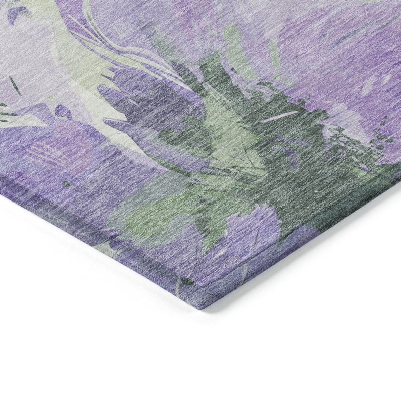 Lavender and Green Floral Washable Synthetic Area Rug