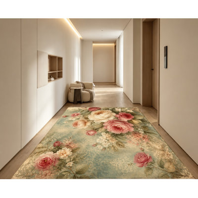 Tapis de style rétro avec motif floral rose, design artistique, décoration intérieure, salon, chambre à coucher, entrée, porte d'entrée, cuisine, balcon, appartement
