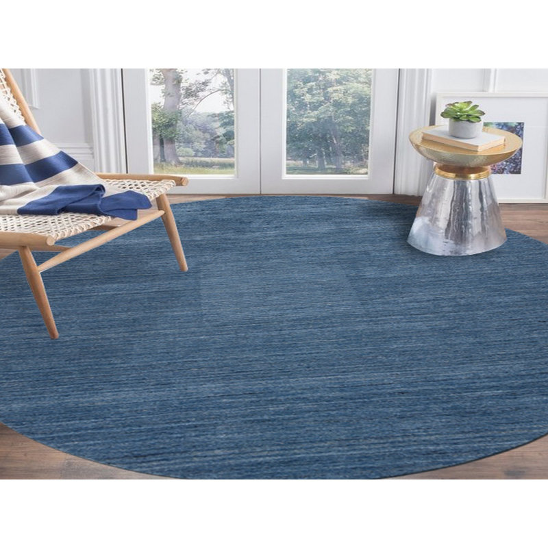 Tapis bleu denim tissé à la main de conception moderne à motif denim bleu E96C60482B374C29A87A74F11507FFBE, Rond 8 pi
