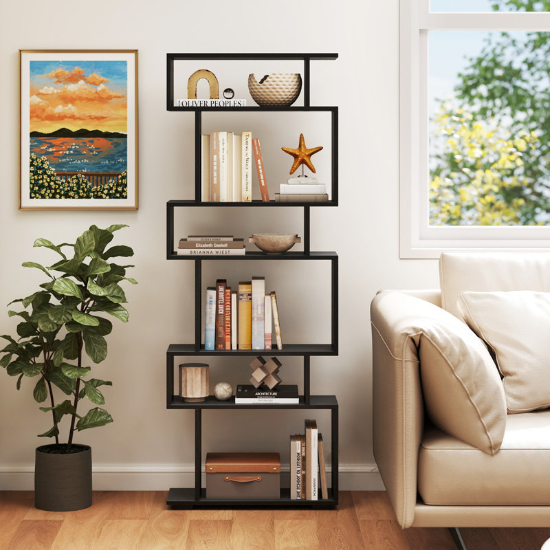 6-tier Storage Bookshelf S-shaped Geometric Bookcase With Anti-toppling Kits, Black