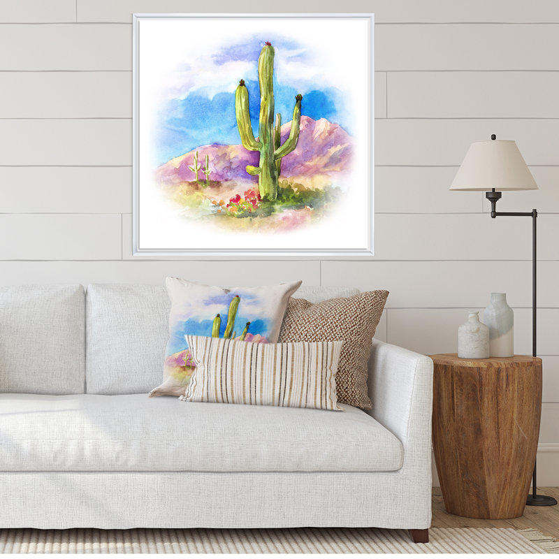 Cactus carnegiea dans le dessert - on, H 30 po x l 30 po x P 1 po, Toile encadrée flottée blanche