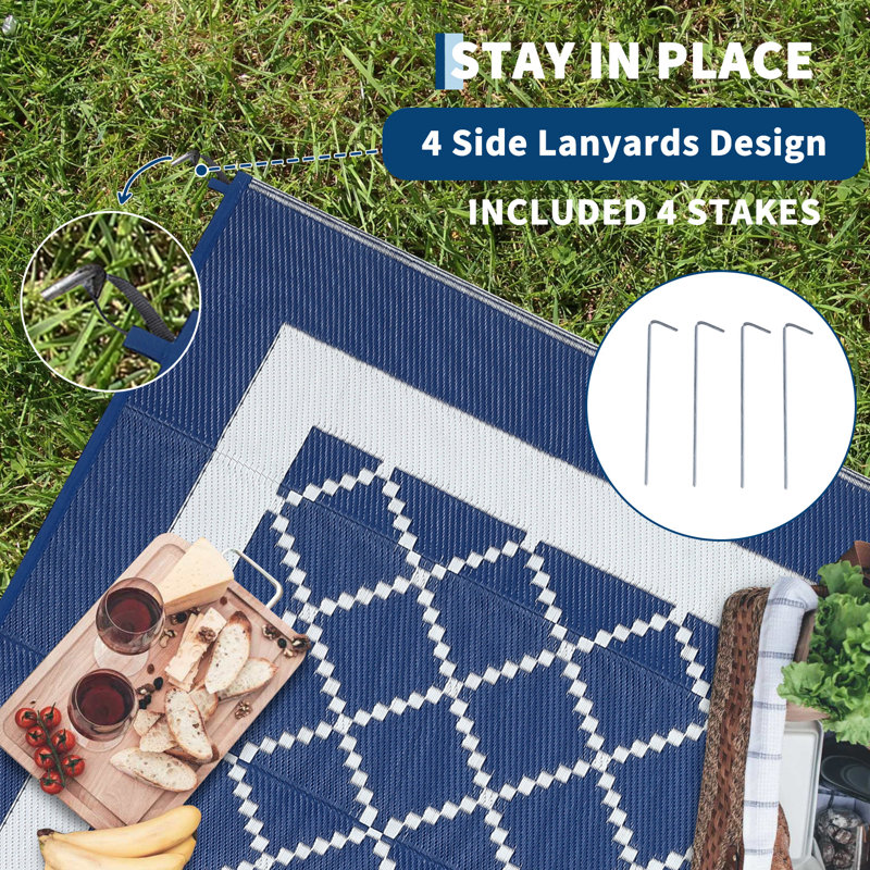 Waterproof Outdoor Rug 9x12 ft Plastic Reversible Patio Rug, Geometric UV Resistant Foldable Large Floor Camping Mat for Outdoors Balcony RV Backyard Deck Picnic Beach, Dark Blue