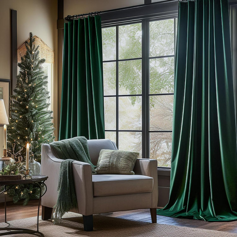 Rideaux en velours isolants et isolants pour rideaux de salon et de chambre à coucher, Vert émeraude, L 52 po x L 84 po