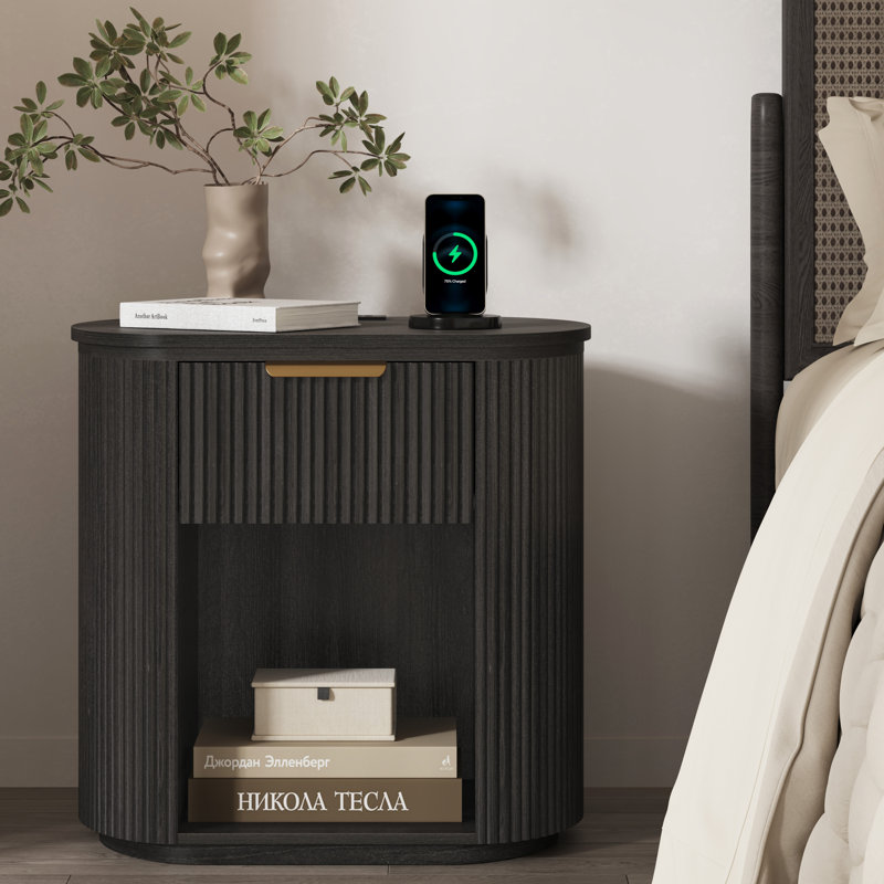 Reeded Nightstand With 1 Drawer, Open Shelf Storage Built-in Outlets USB Type-C Charging Station Set of 1, Individual