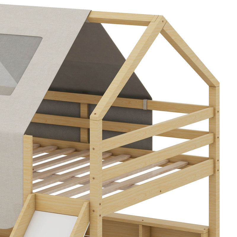 Lit mezzanine avec structure en forme de maison et tente, Naturel / Beige, Double