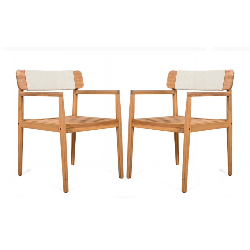 Table de salle à manger d'extérieur en bois d'acacia et chaises avec accoudoirs, Blanc