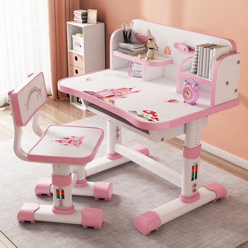Ensemble de chaise de bureau, ensemble de chaise de bureau à motif de bureau élargi pour enfants, table d'étude à hauteur réglable avec tiroir (rose)