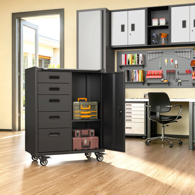 Metal Tool Garage Storage Cabinet with 5 Drawers and 1 Door,with Wheels and lock
