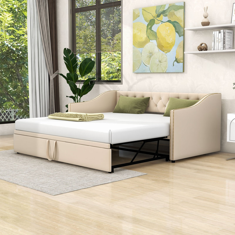 Versatile Twin Velvet Daybed with Twin Trundle, Beige